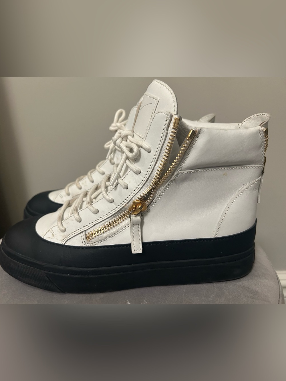 Giuseppe Zanotti White and Black High-Top Sneakers with Gold Zipper